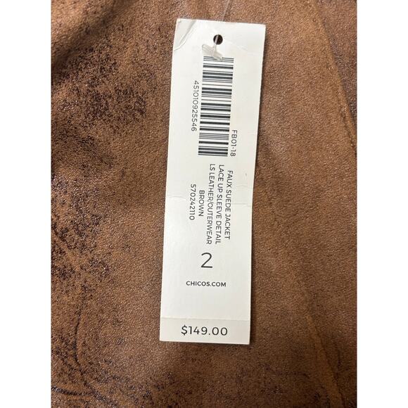Chico’s Faux Suede Brown Zip-Front Jacket w/ Lace-Up Sleeve Detail SZ 2(Large) - Picture 6 of 6